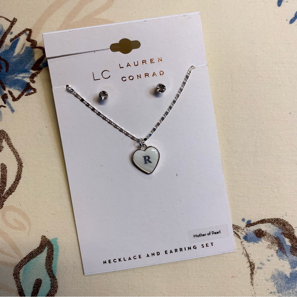 💜 LC Lauren Conrad R Monogram Heart Necklace and Earring Set NWT